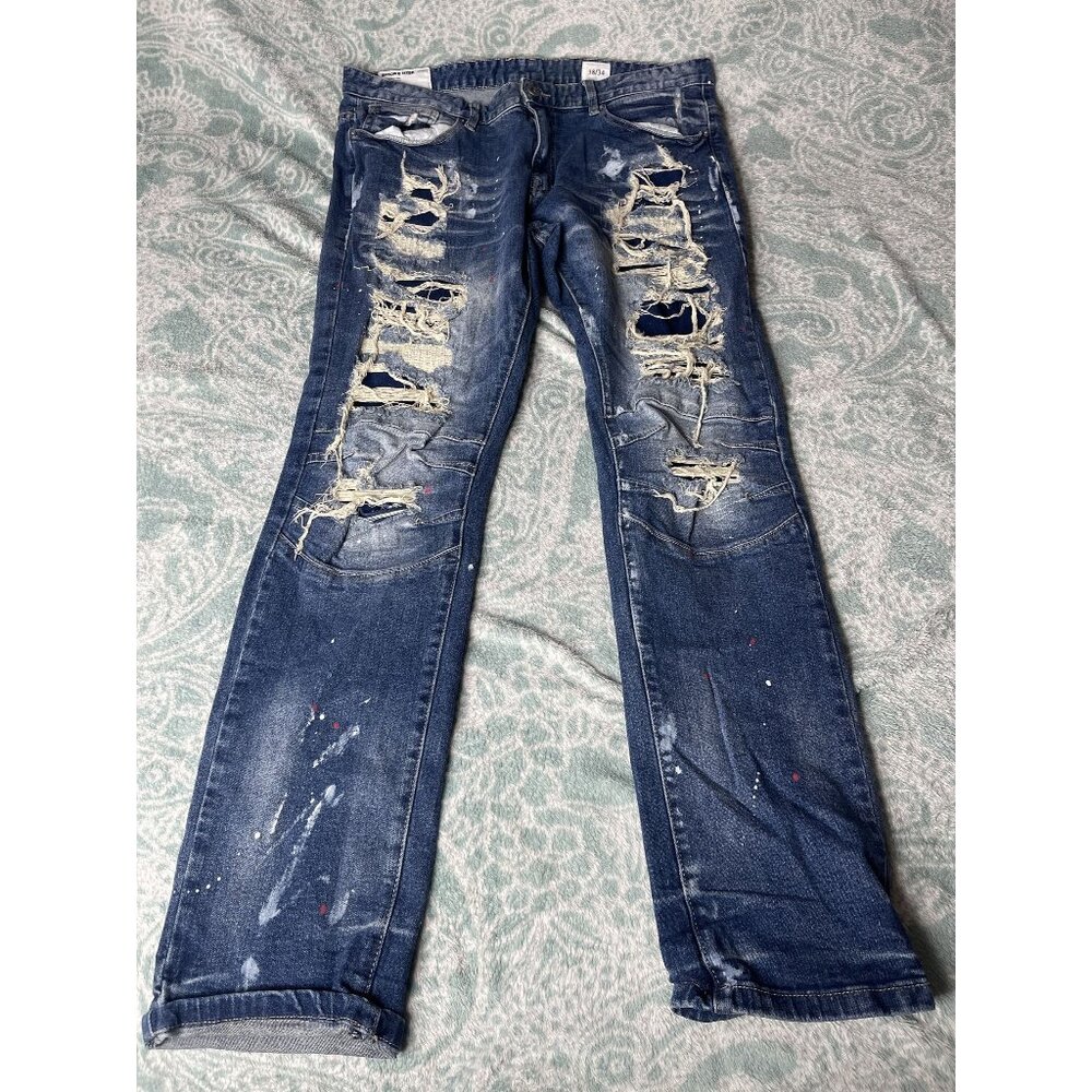 Smoke Rise Jeans‎ Mens Size 38x34 Blue Denim Distressed Skinny Fit Ripped Biker